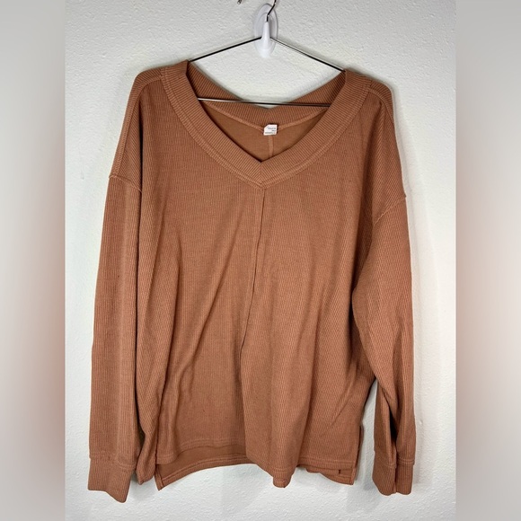 Anrabess Women’s Brown Ribbed V-Neck Sweater Size Large Oversized Casual Knit - Picture 3 of 6